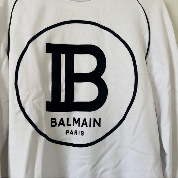 BALMAIN Men’s Cotton and Velvet Logo Sweatshirt in White and Black - Picture 4 of 11